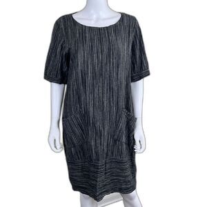 Lisa Bayne Women's Size S Black Stripe Woven Linen Shift Dress Lagenlook Artisan